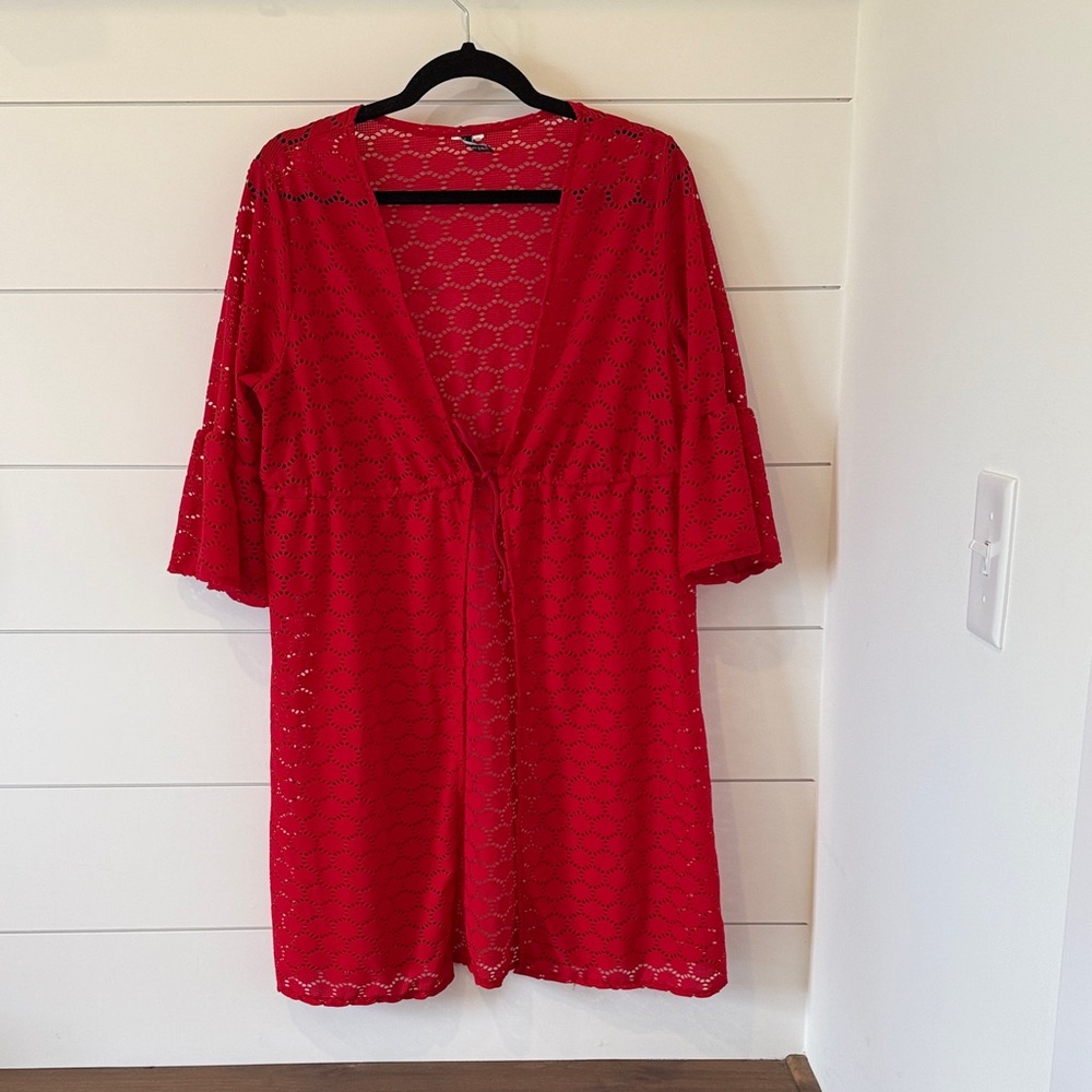 Jantzen Swim Beach Coverup Vibrant Red Empire Waist Tie Front Size L